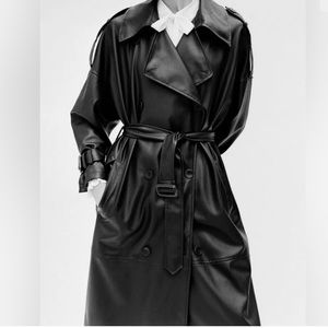 Oversized Zara Leather Trench Long Coats.🤎 Faux Leather Double Breasted/Brown